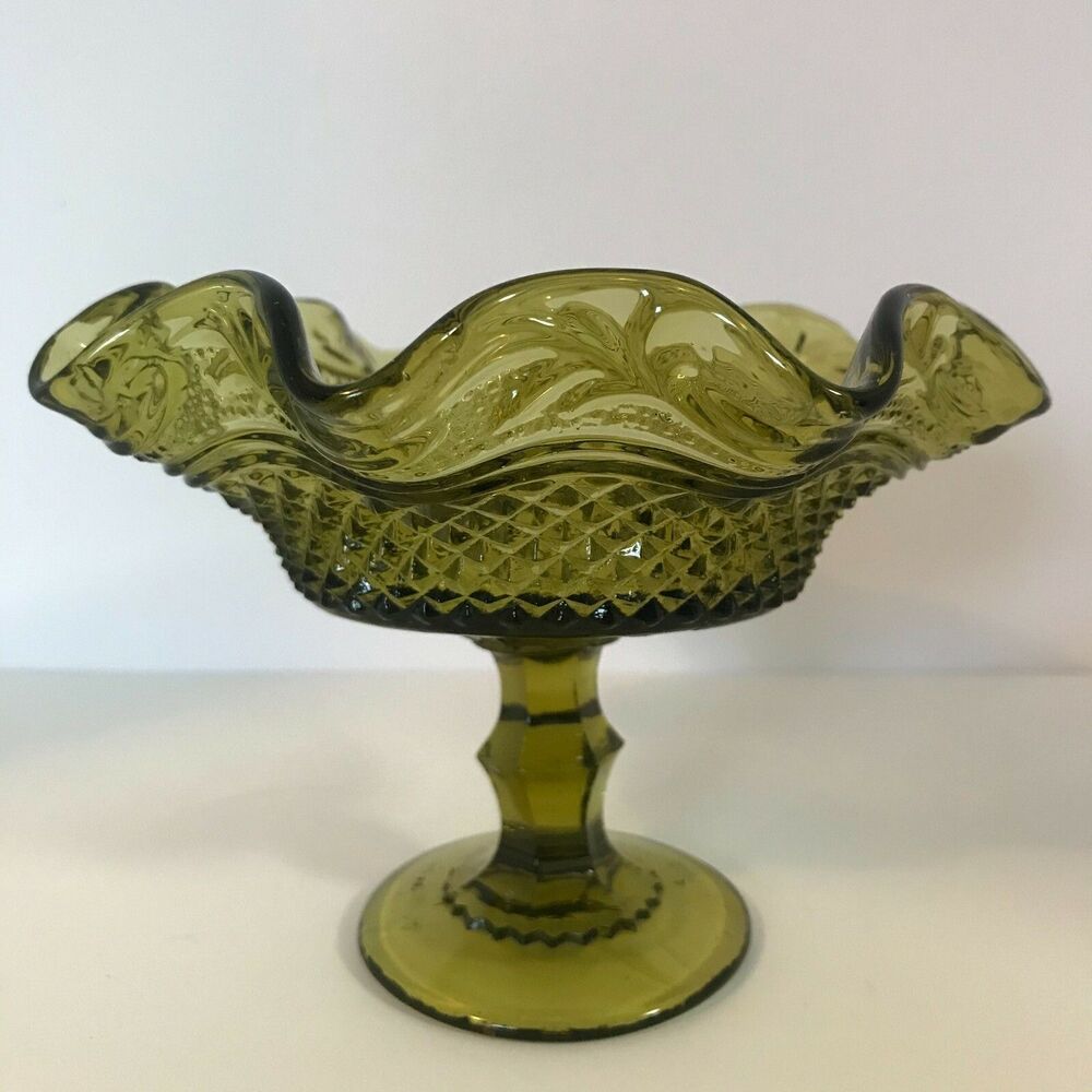Vintage Avocado Green Indiana Glass Pedestal Bowl Ruffled Edge Diamond Pattern